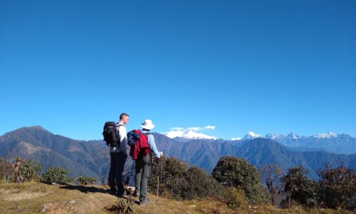 Trekking through the scenic Sikkim Himalayas with lush green landscapes.